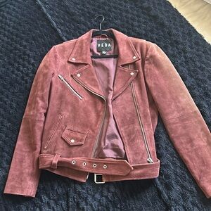 Veda Womens Maroon Moto Goat Suede Full Zip Biker Cropped Jacket Collared Size M